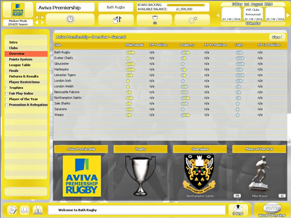 Rugby Union Team Manager 2015